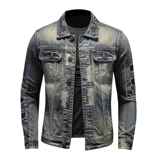 Grå patchwork med turn-down-krave og knap til denimjakker til mænd