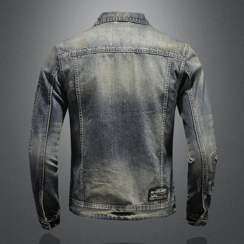 Grå patchwork med turn-down-krave og knap til denimjakker til mænd