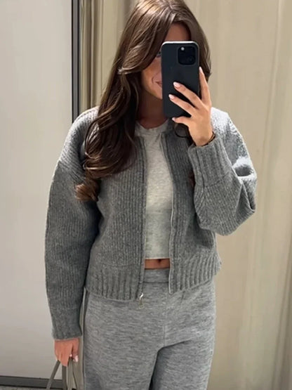 Strikket sweaterjakke med O-hals til kvinder Fashion