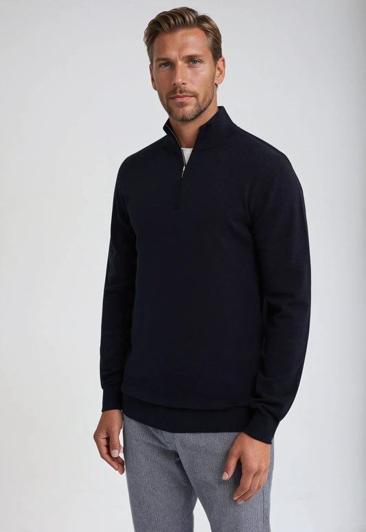 Marineblå sweater med halv lynlås