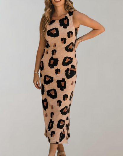 Midikjole med leopardprint til kvinder