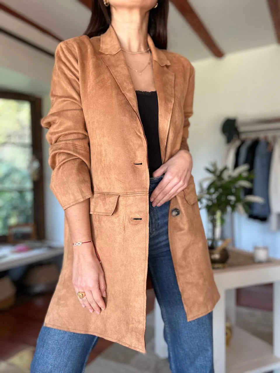 Retro brun frakke til kvinder med revers