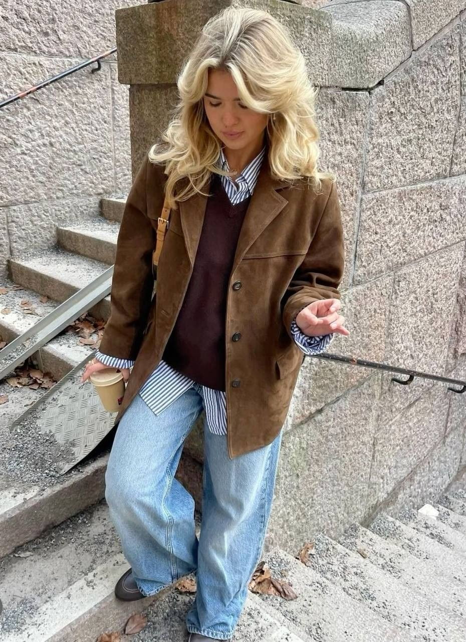 Vintage brun blazer i ruskindslæder