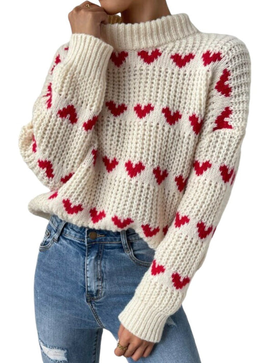 Hjerte-strikket rullekravesweater til kvinder