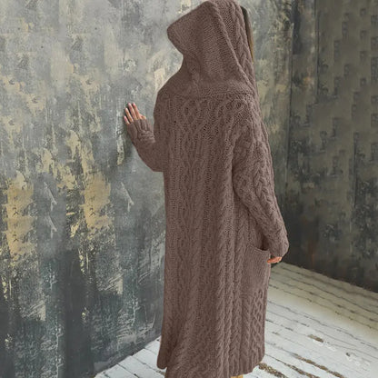 Langærmet fletstrikket lang cardigan