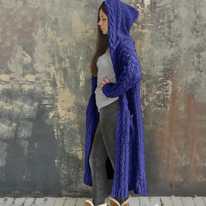 Langærmet fletstrikket lang cardigan