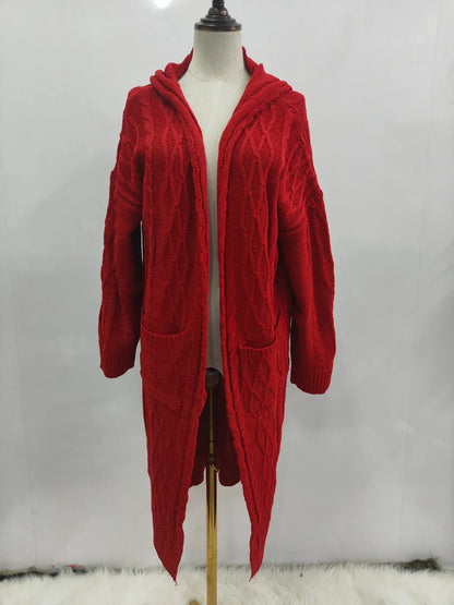 Langærmet fletstrikket lang cardigan