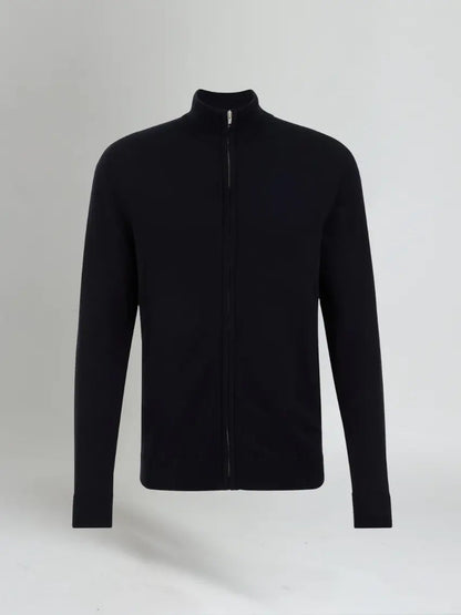 Marineblå herre-sweater med fuld lynlås
