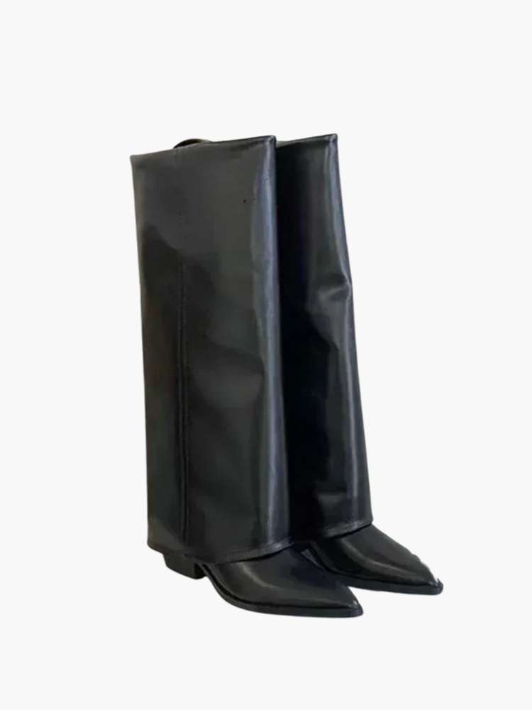 Knæhøje støvler med spids snude og blokhæl til kvinder