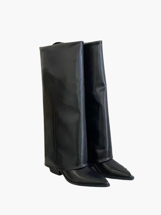 Knæhøje støvler med spids snude og blokhæl til kvinder