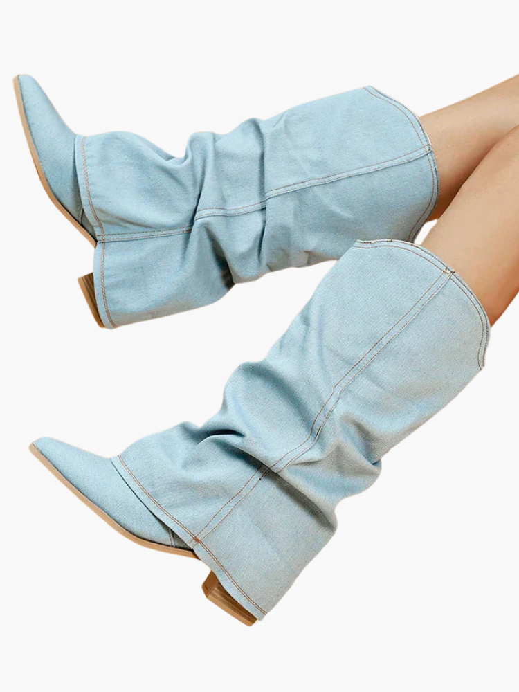 Høje denimstøvler med plisserede knæ