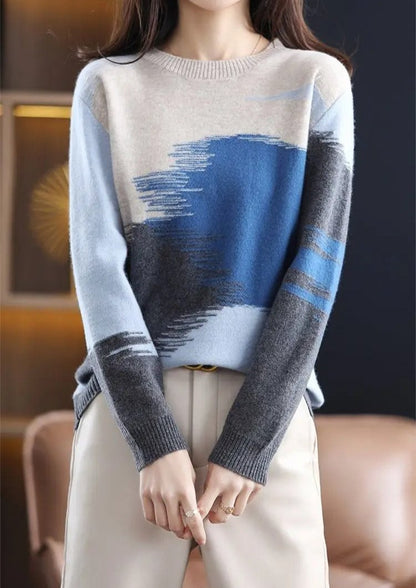 Abstrakt Colorblock-strikket sweater til kvinder