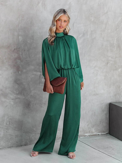 Elegant grøn jumpsuit med høj krave til kvinder