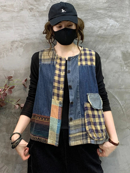 Retro patchwork jeans top uden ærmer til kvinder