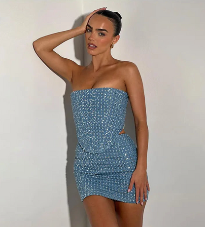 Glitter sæt denim top + nederdel