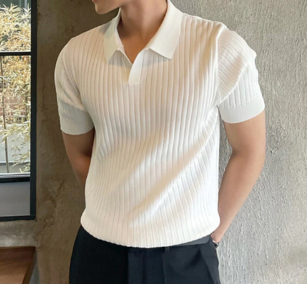 Strikket poloshirt, casual, V-hals, kortærmet til herrer