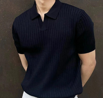 Strikket poloshirt, casual, V-hals, kortærmet til herrer