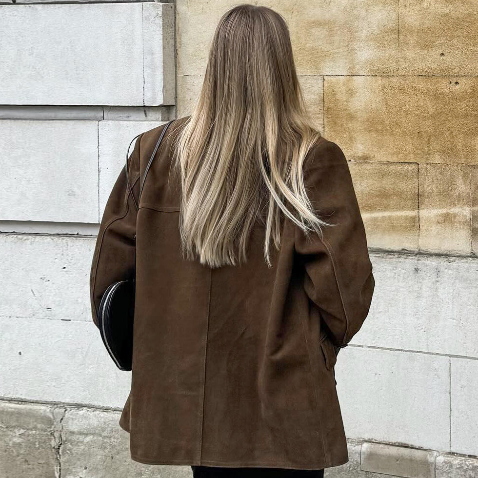 Vintage brun blazer i ruskindslæder