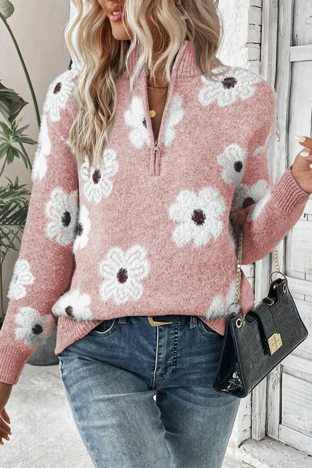 Blomstret sweater med halv lynlås til kvinder
