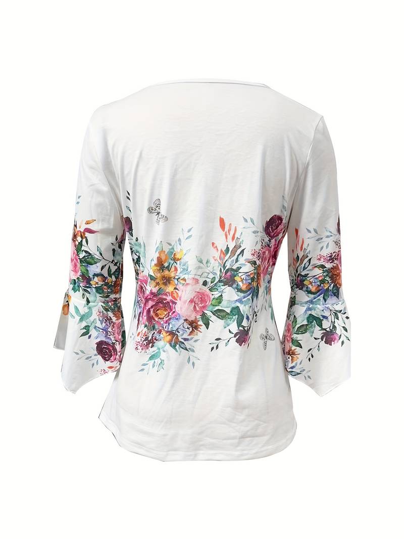 Bluse med notch-hals og blomstermønster til kvinder