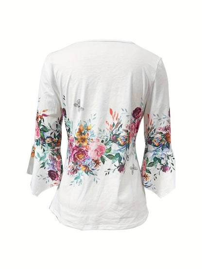 Bluse med notch-hals og blomstermønster til kvinder