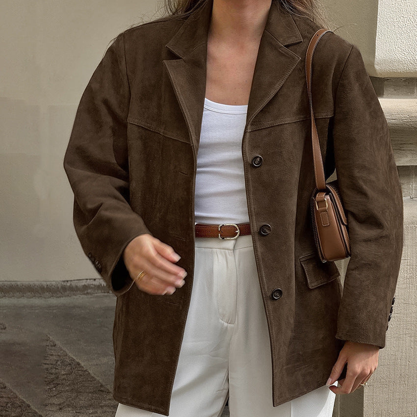 Vintage brun blazer i ruskindslæder