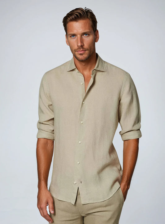 Langærmet khaki polo med knapper