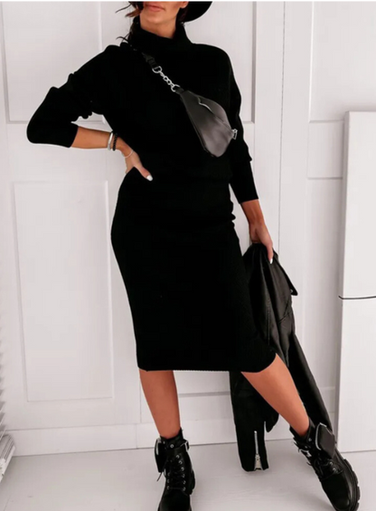 Elegant sæt med rullekrave og midi-nederdel til kvinder