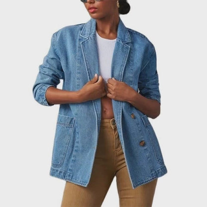 Patchwork denimjakke med jakkesætskrave